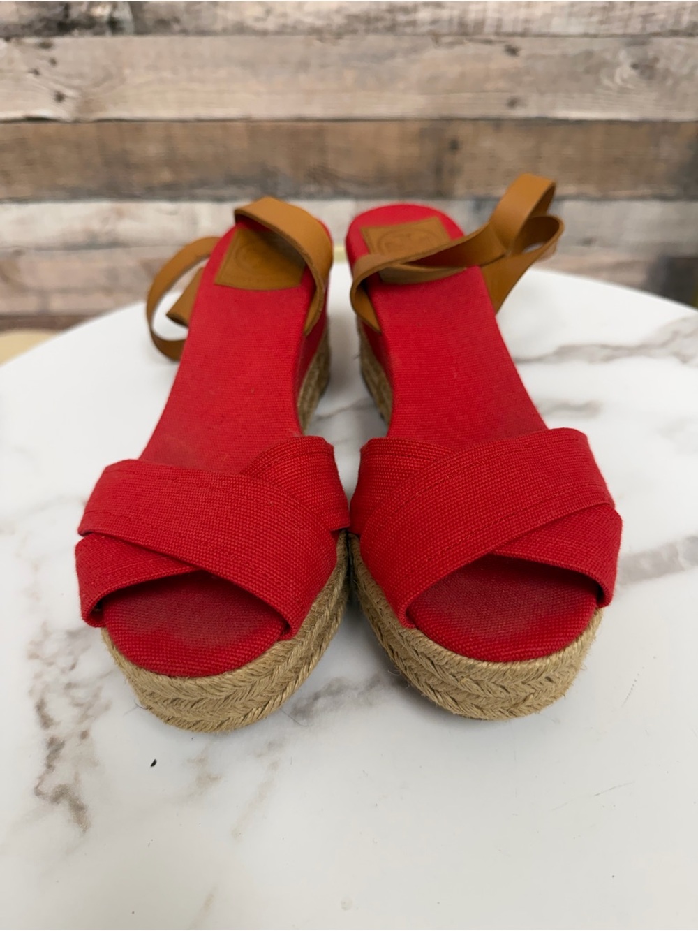Rory Burch red canvas wedge espadrille sandal